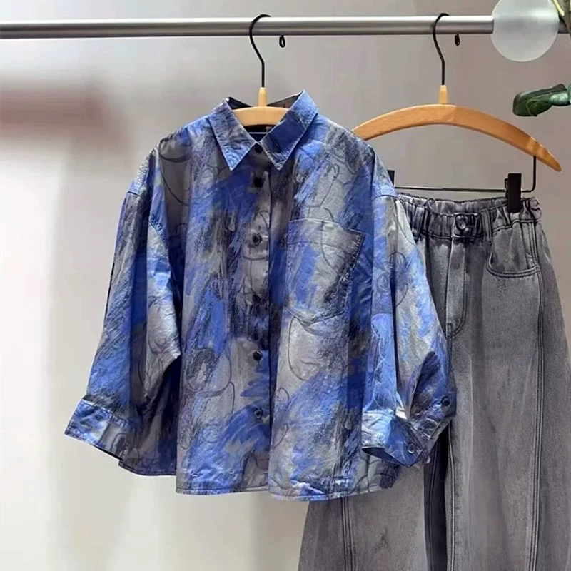 童装25春装新款男女童百搭纯棉宽松长袖衬衣休闲儿童印花衬衫