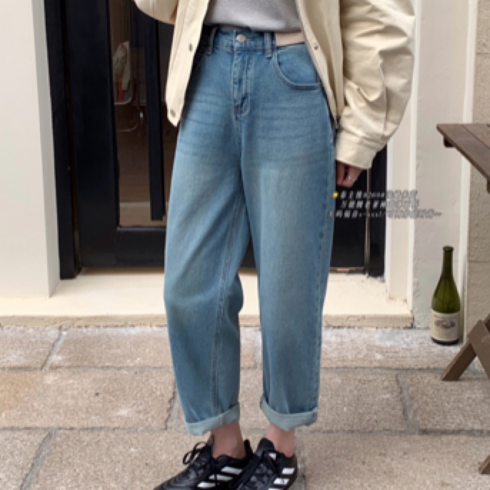 【晗晗家】8269春款半松紧腰老爹裤弹力高腰显瘦牛仔小个子显瘦小猫