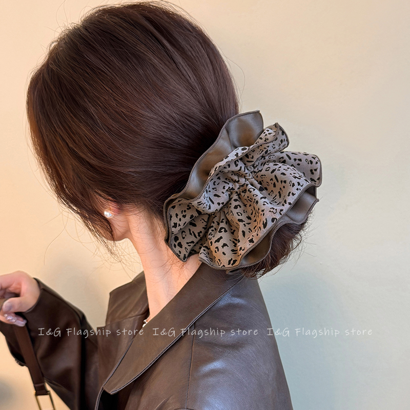 韩国复古咖色豹纹缎面四层大肠发圈女高级感丸子头超大号头绳头饰商品图