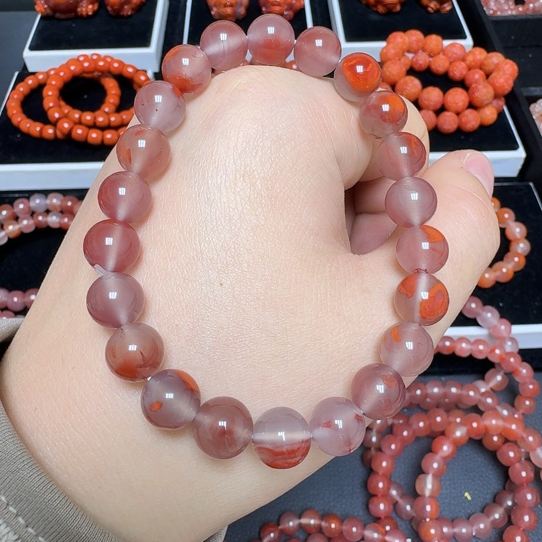 南红玛瑙未镶嵌川料瓦西圆珠烟紫飘花9.3mm28g