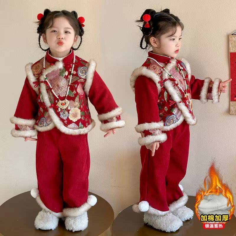 女童拜年服冬装中国风新年唐装套装加厚宝宝中式汉服儿童过年衣服