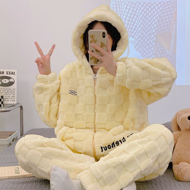 厚绒冬款保暖戴帽加绒女士睡衣宽松加厚居家外出穿韩版家居服套装