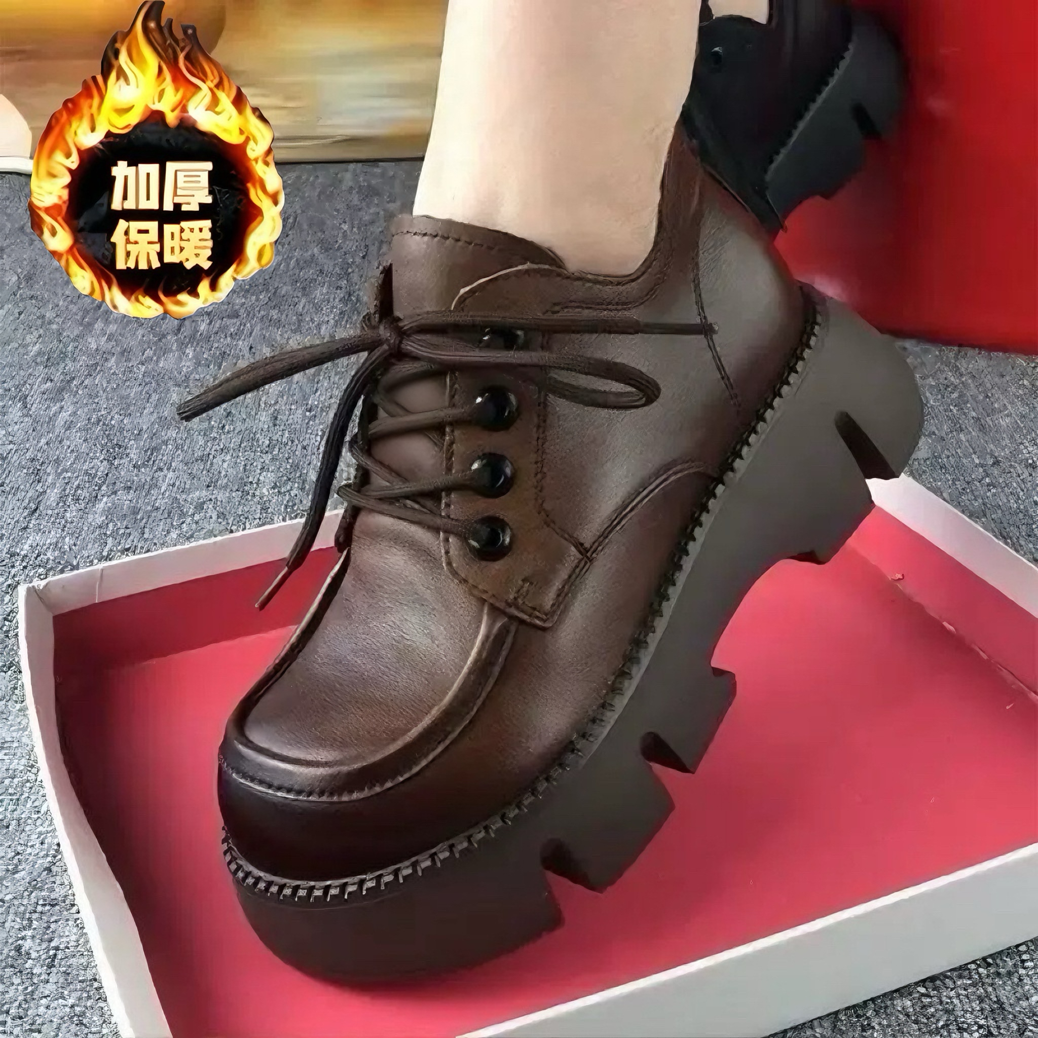 【品牌辙柜】真软皮加绒加厚软底皮鞋系带圆头英伦风松糕厚底鞋女冬