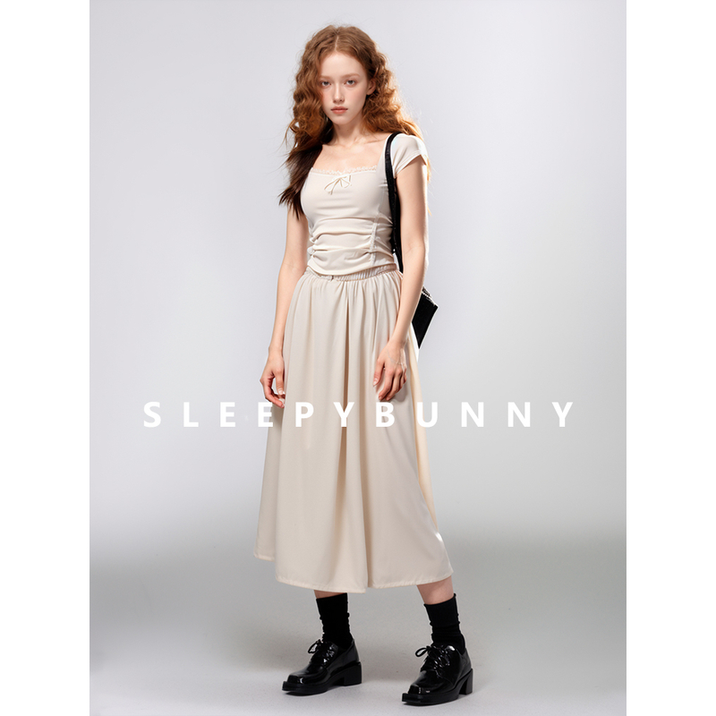 G瞌睡兔【清苍】方领花边露锁骨短袖T恤女夏修身显瘦短款上衣240703