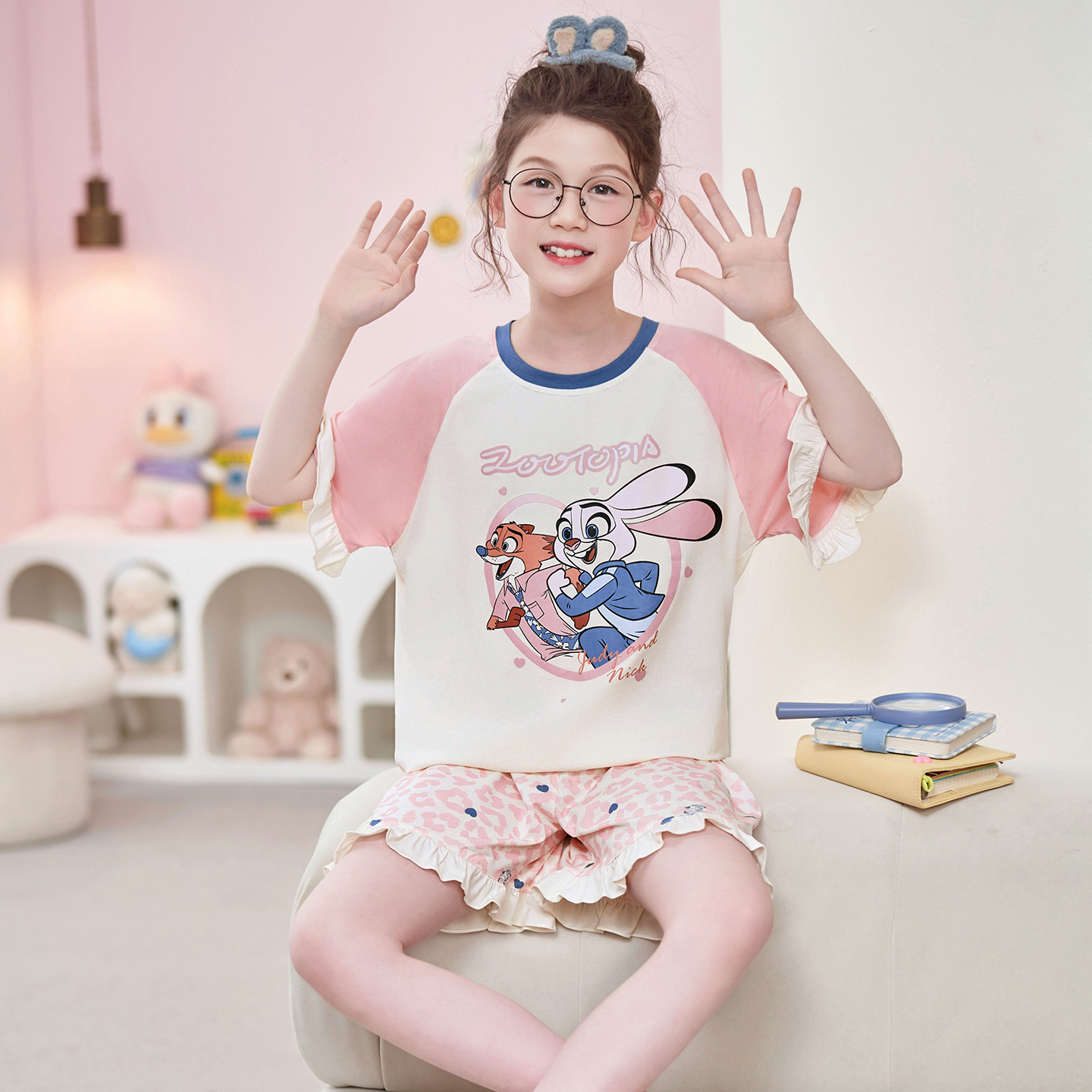 Disney/迪士尼新款夏季套头短袖短裤卡通少女舒适大码家居服0379