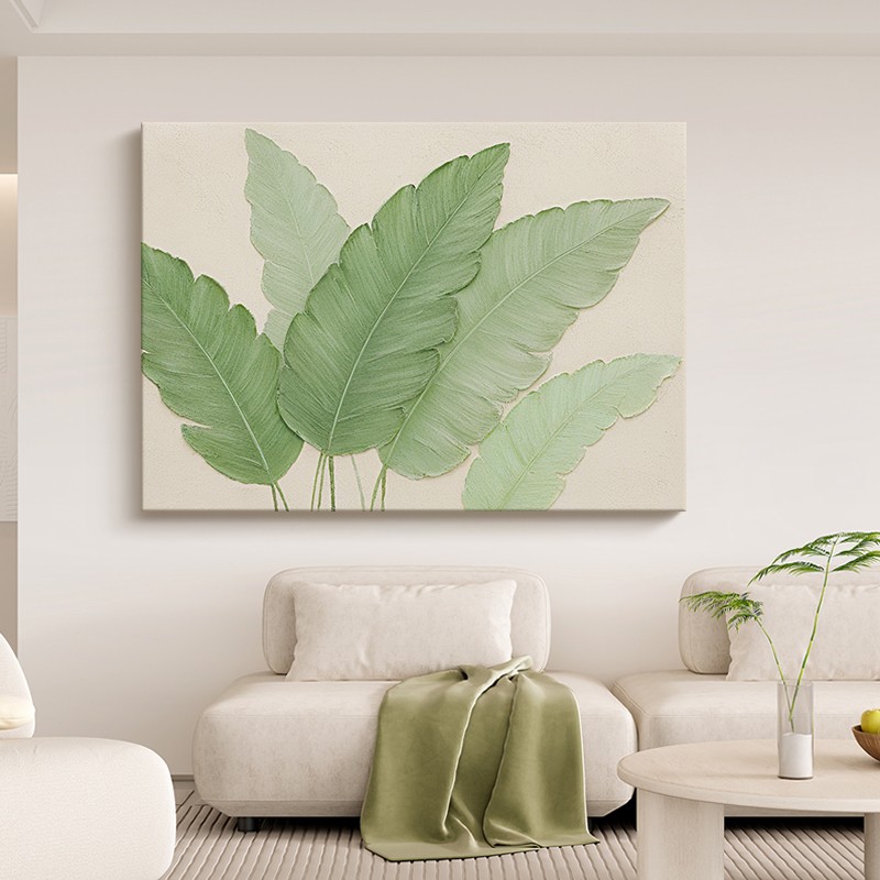手绘油画奶油风家大业大客厅装饰画沙发背景墙清新绿植挂画肌理画
