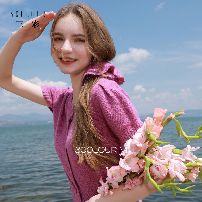 三彩2025夏秋季新款多巴胺针织衫圆领短袖毛衫短款开衫上衣女M