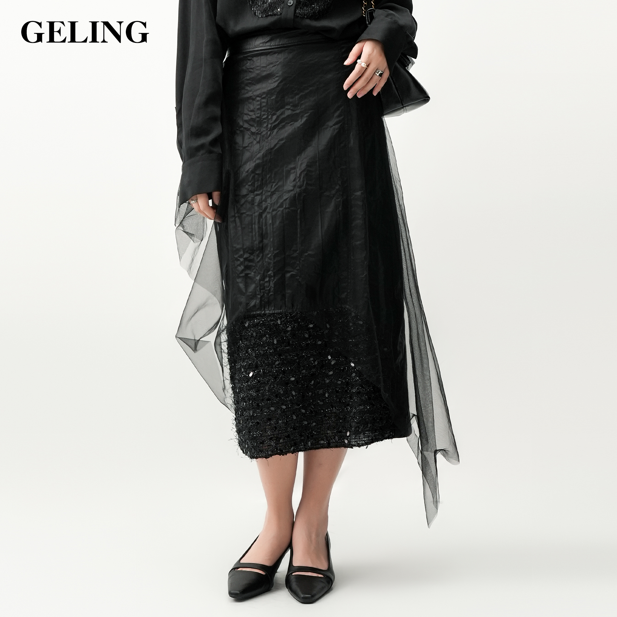 GELING/歌&玲春季时尚网纱PU压褶不规则半裙G511M55B