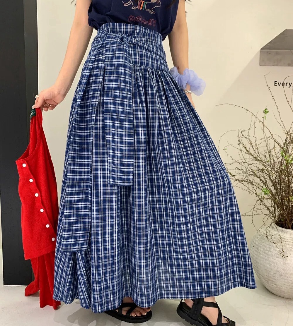 （欧米蓝格裙）韩国正！夏季款绑带后背打揽大摆a字中长裙半身裙C659