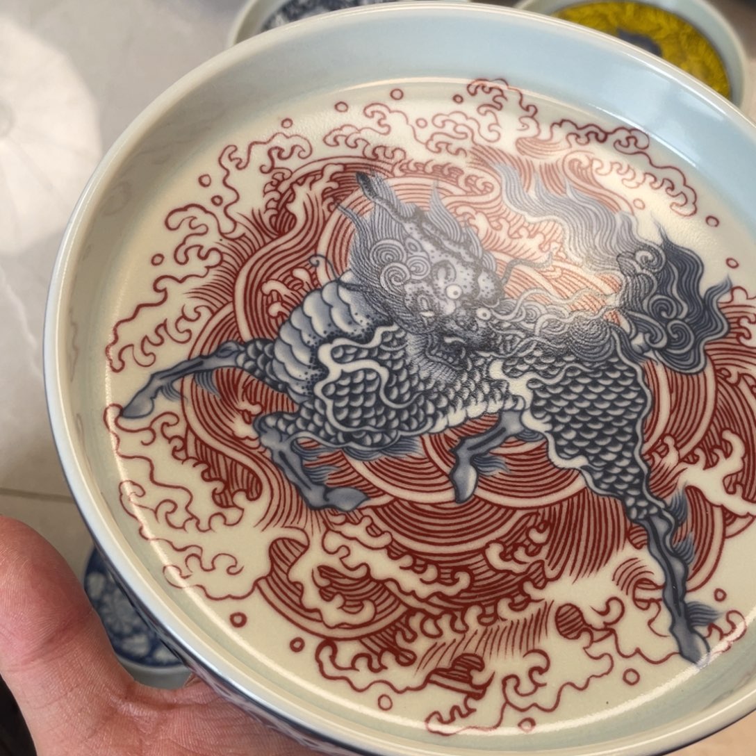 瓷片景德镇麒麟踏浪大壶承