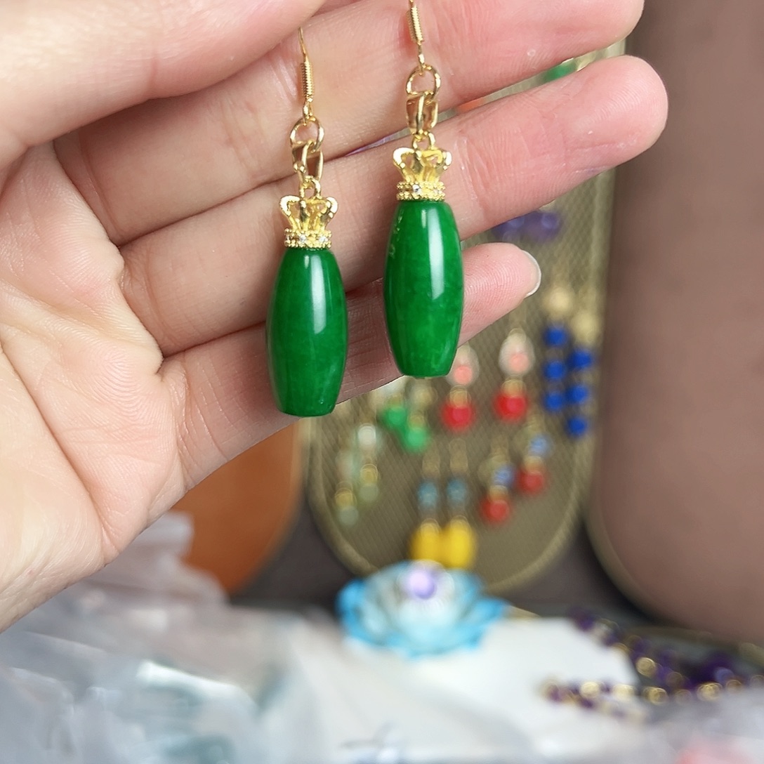 银S925镶嵌耳钉玛瑙/玉髓绿色