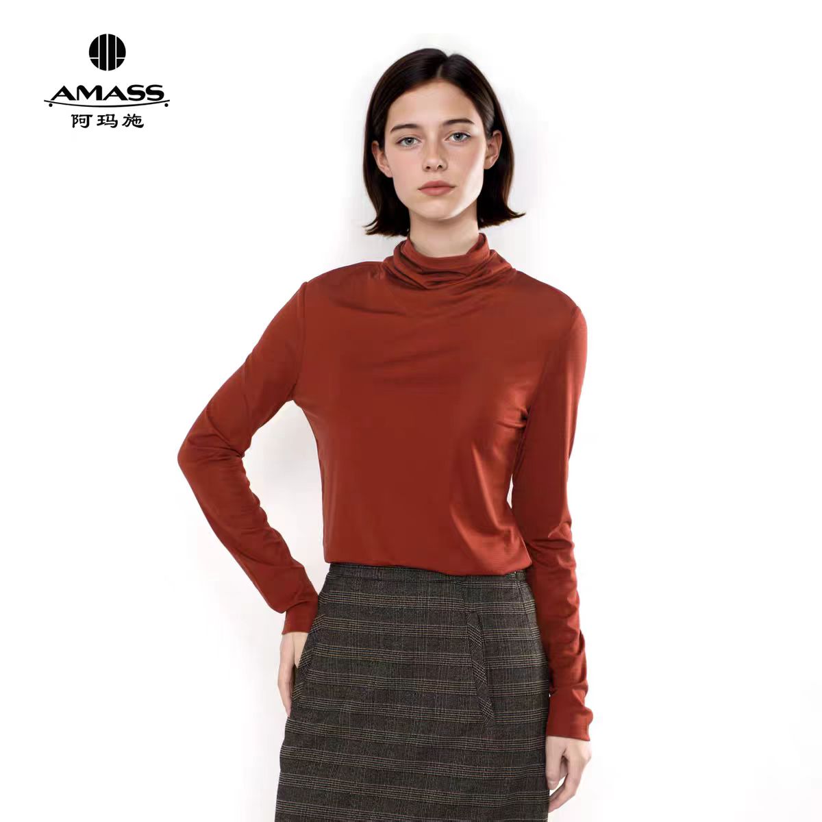阿玛施AMASS【落日橘】时尚百搭修身半高领长袖T恤530071