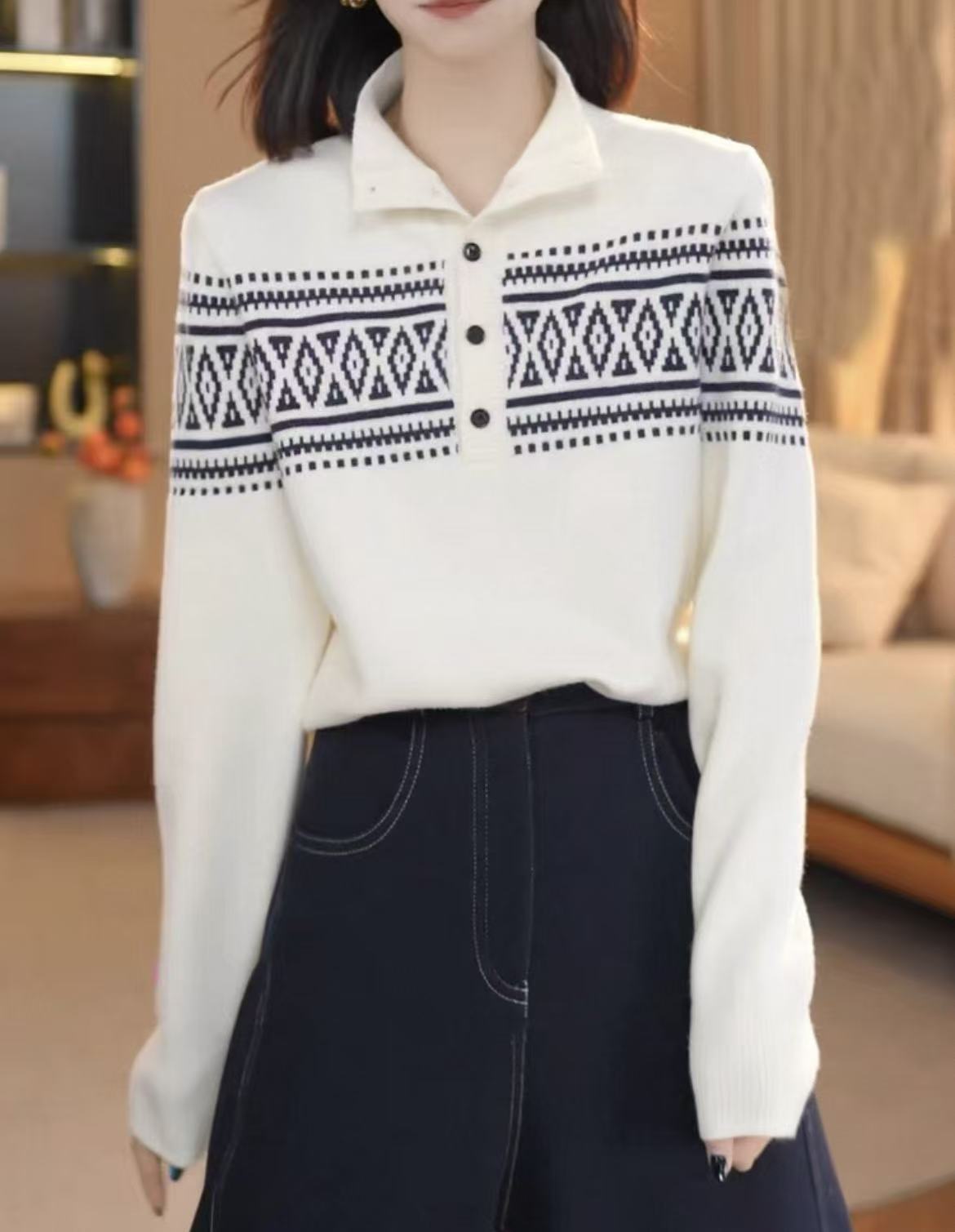 费尔岛提花刺绣半高领长袖针织衫女秋冬2025新款韩系洋气内搭上衣