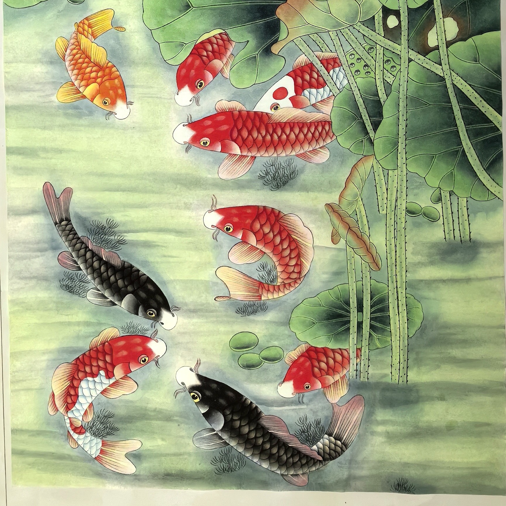 68*138厘米九鱼图挂画连年有余客厅书房茶室卧室玄关装饰挂画
