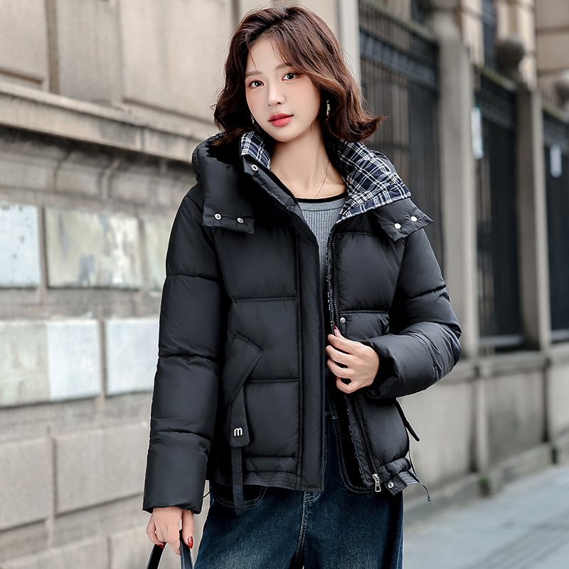 2025冬季新款连帽拼接格子短款棉服女修身时尚加厚宽松百搭外套潮