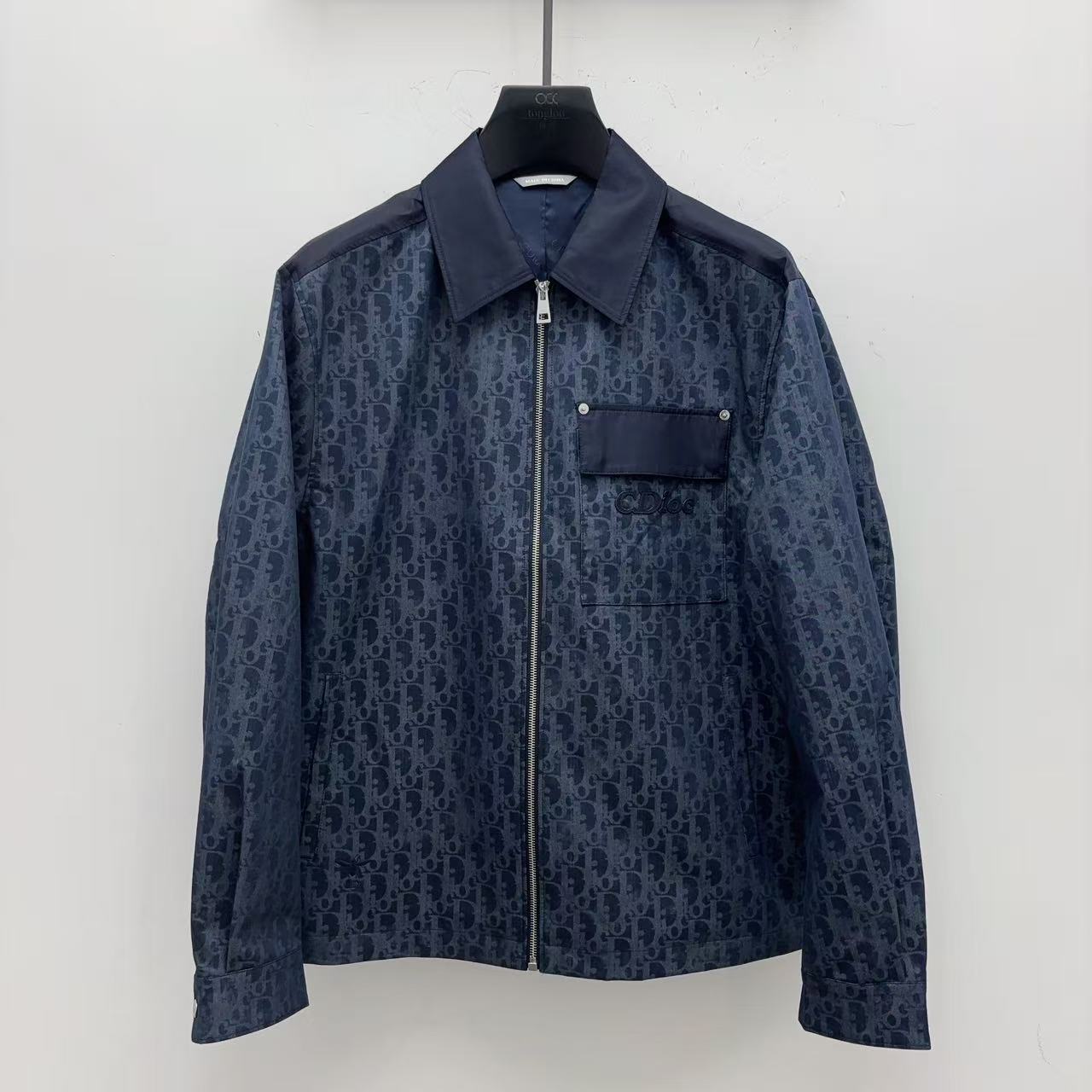 C.Dioc25秋冬男士老花满印蓝色拼接翻领拉链牛仔夹克外套