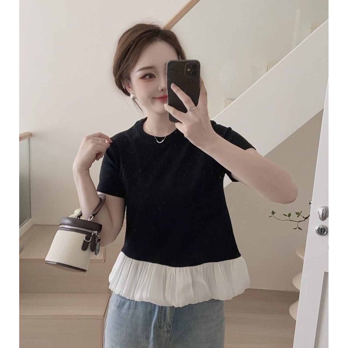 纯欲辣妹短袖T恤女2025夏季新款收腰芭蕾风荷叶边褶皱打底衫上衣