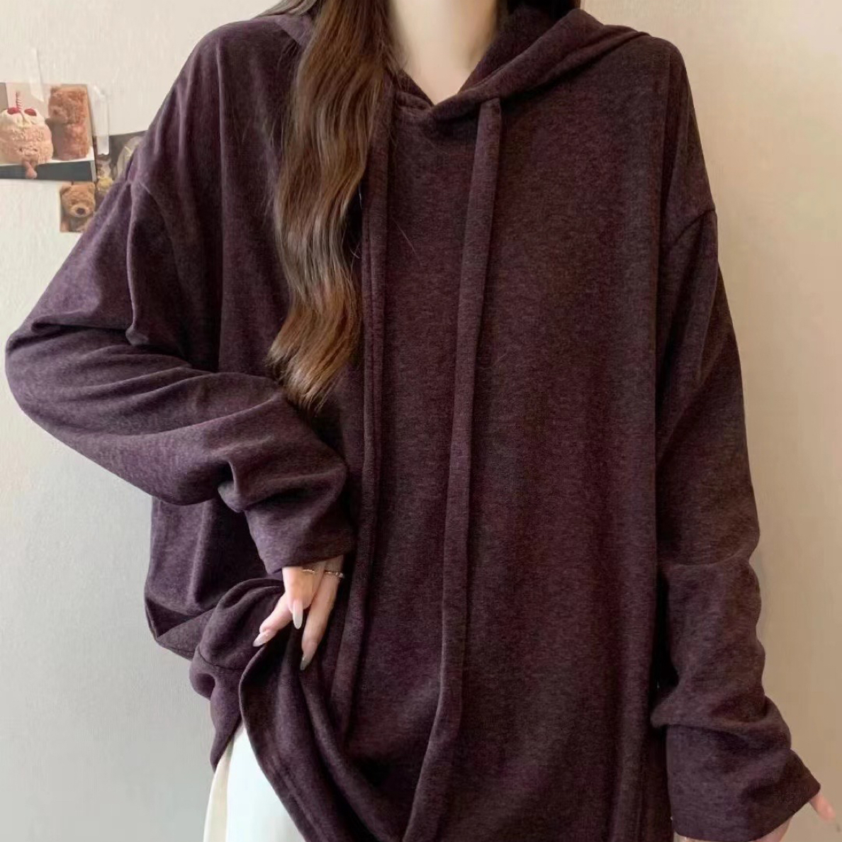 美拉德咖色正肩卫衣连帽长袖T恤女2025秋新款大码胖mm中长款上衣