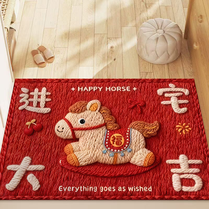 40*60CM（两件装）可爱小马硅藻泥地垫红色喜庆入户门玄关防滑地垫