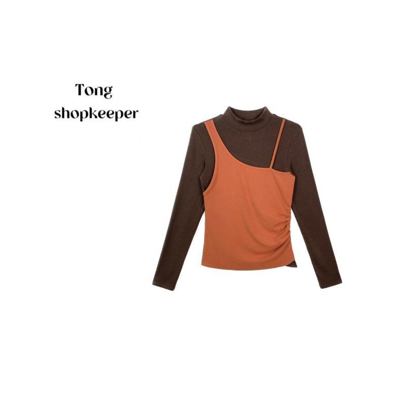 QJ/彤掌柜1682948 冬款绵羊毛加厚假两件吊带撞色小众时髦上衣