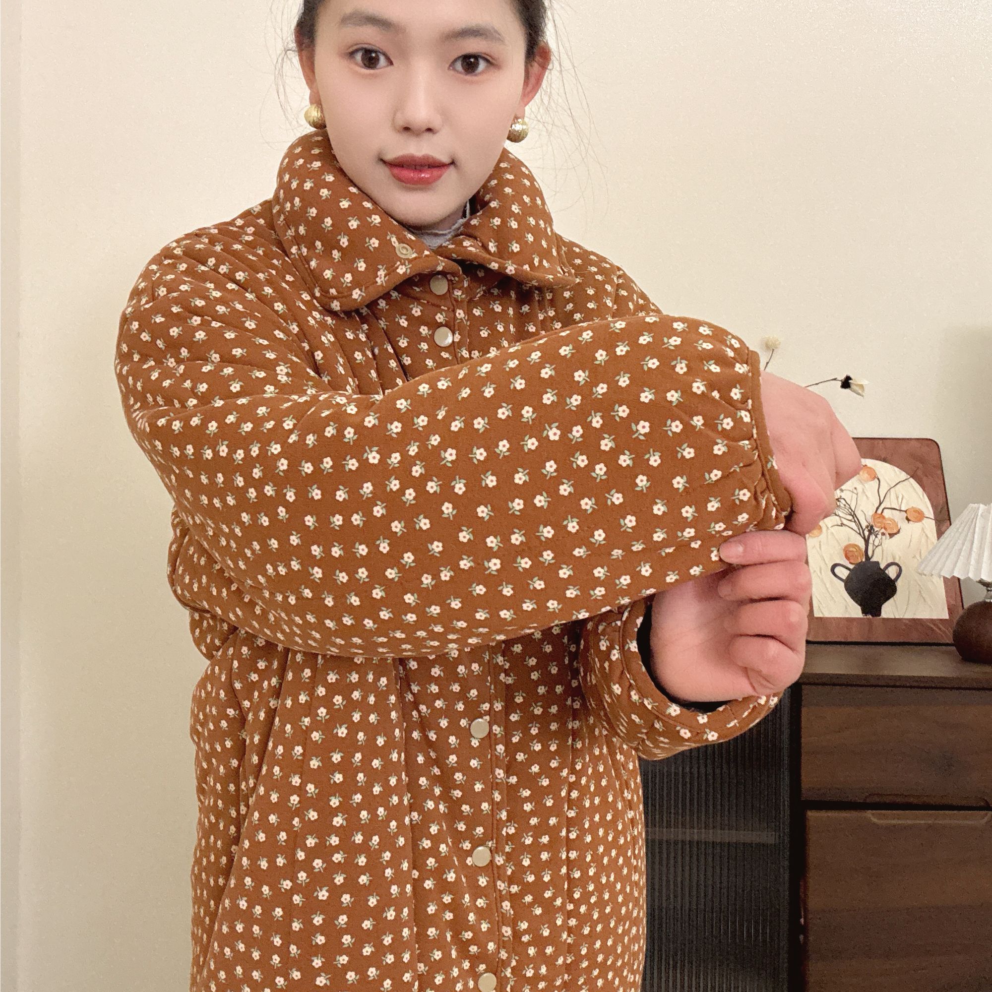 【绚彩米奇】300g立领直筒大长款棉衣外套棉服保暖加厚家居服胖mm