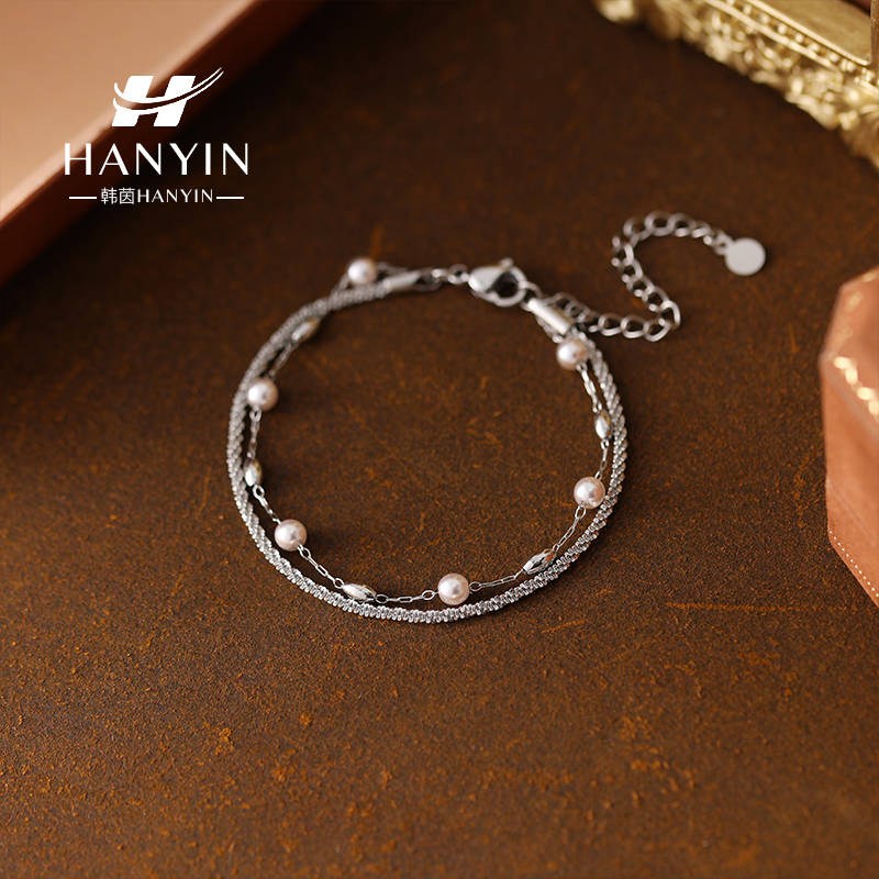 钛钢仿珍珠手链 法式高级设计感满天星叠戴珠珠流苏精致时尚手链