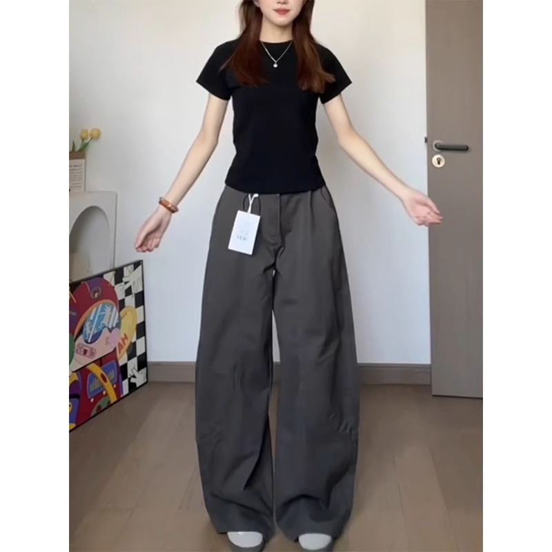 灰色廓形弯刀工装牛仔裤女夏季新款高腰宽松阔腿显瘦直筒拖地裤子