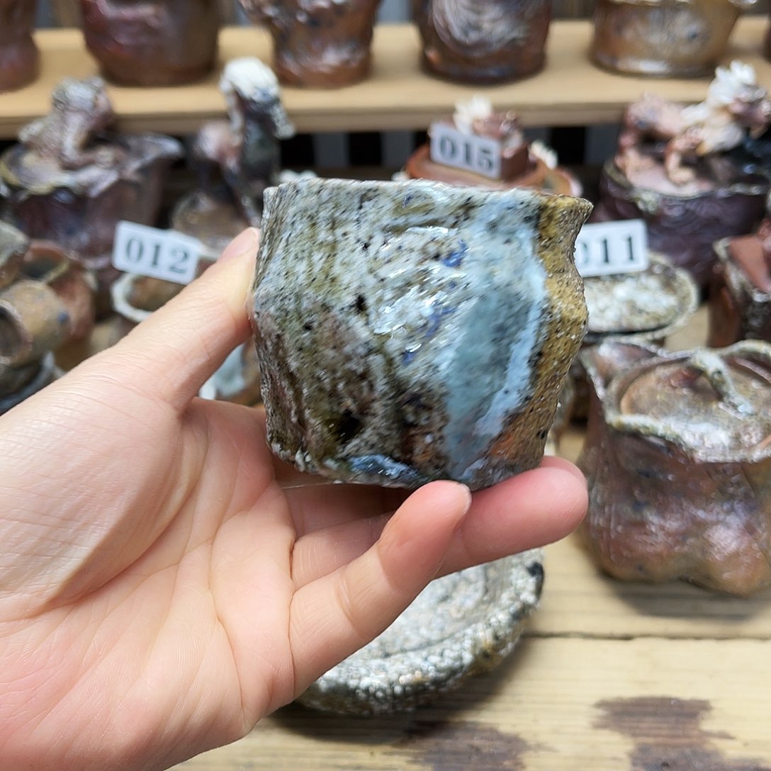 瓶柴烧粗陶手捏杯粘底