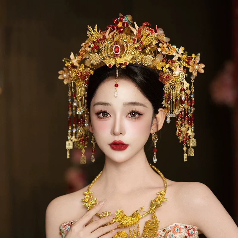 金红色眉心坠大凤冠长流苏大气秀禾龙凤褂头饰20241148