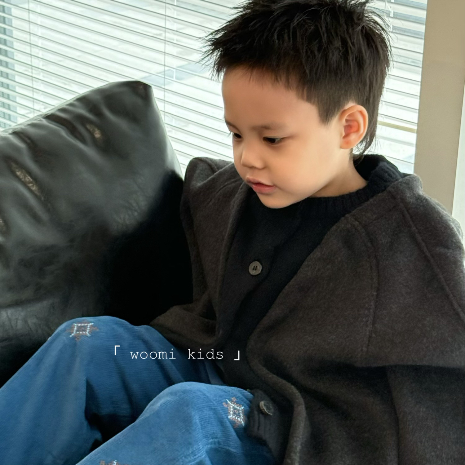 woomi·杜松·儿童冬季日系老钱风针织拼接羊毛廓形大衣外套