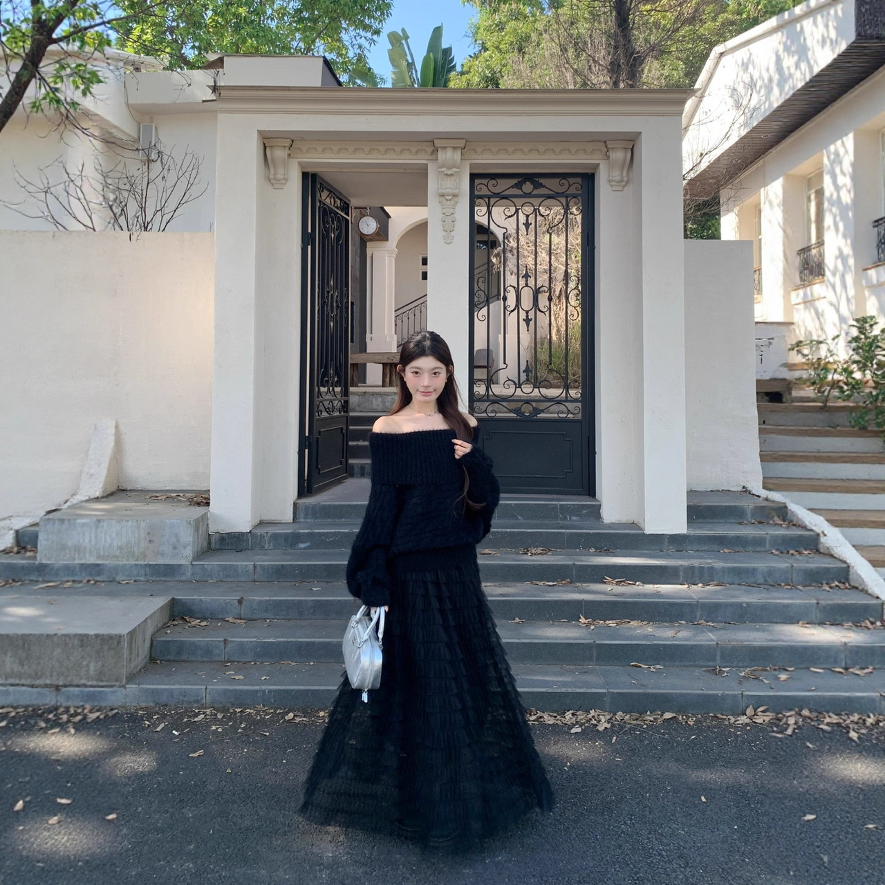 实拍2025韩版加厚针织一字肩毛衣上衣波点蛋糕裙半身裙长裙