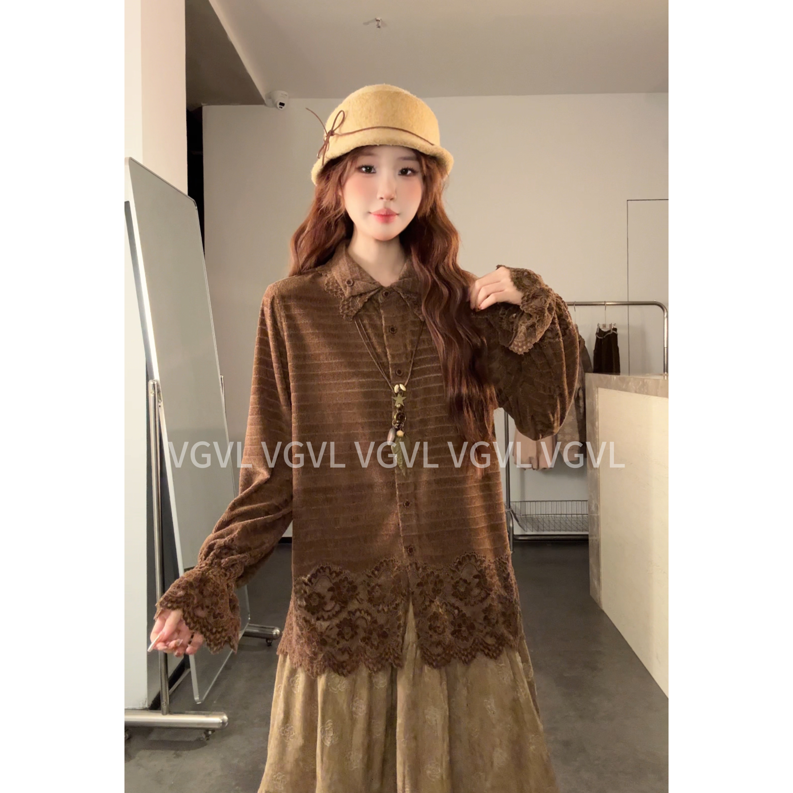 VGVL小卓衬衫气质蕾丝秋冬开衫长袖衬衣女21205