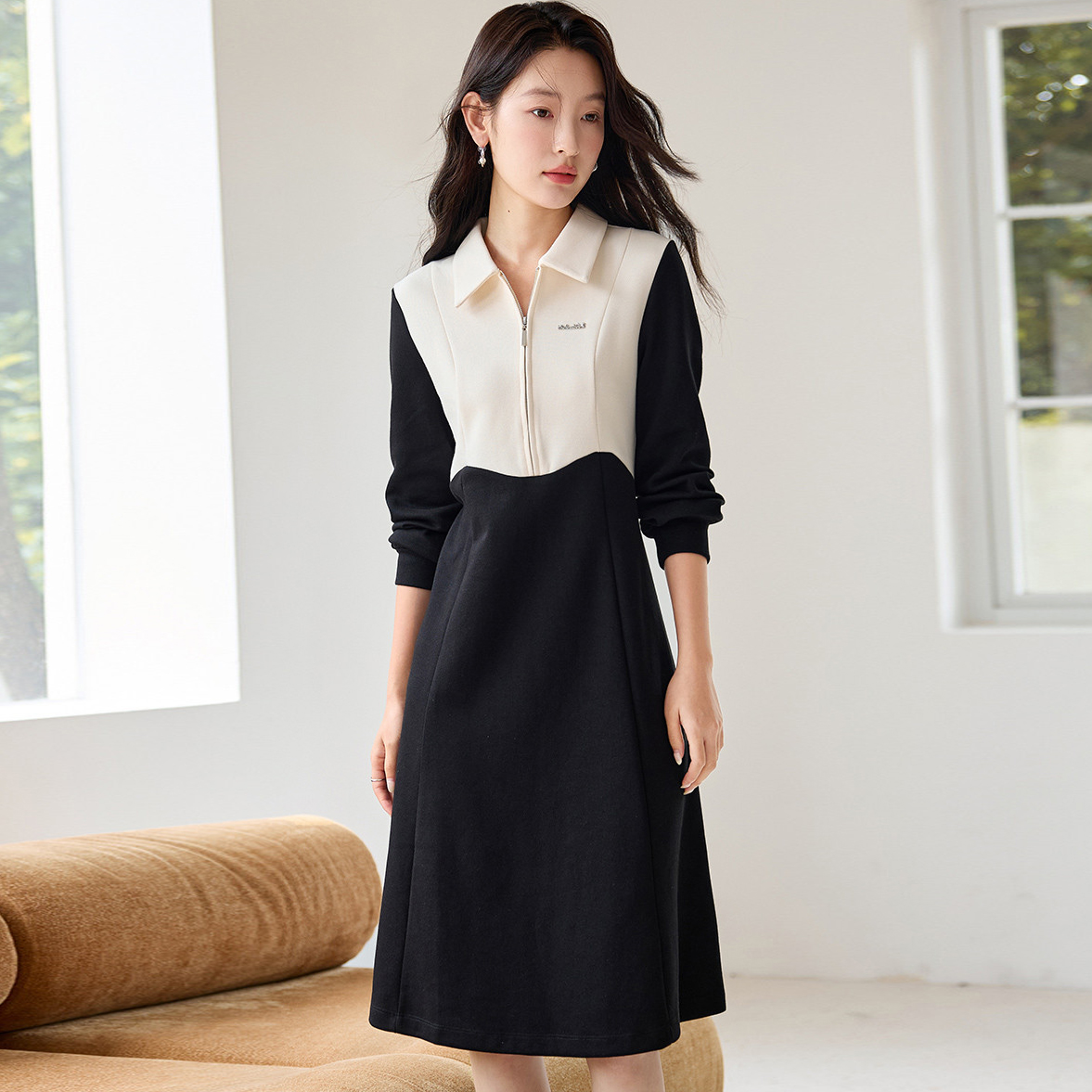 2.15晚预告款春季新款洋气拼接假两件休闲气质长袖连衣裙 WWW3247