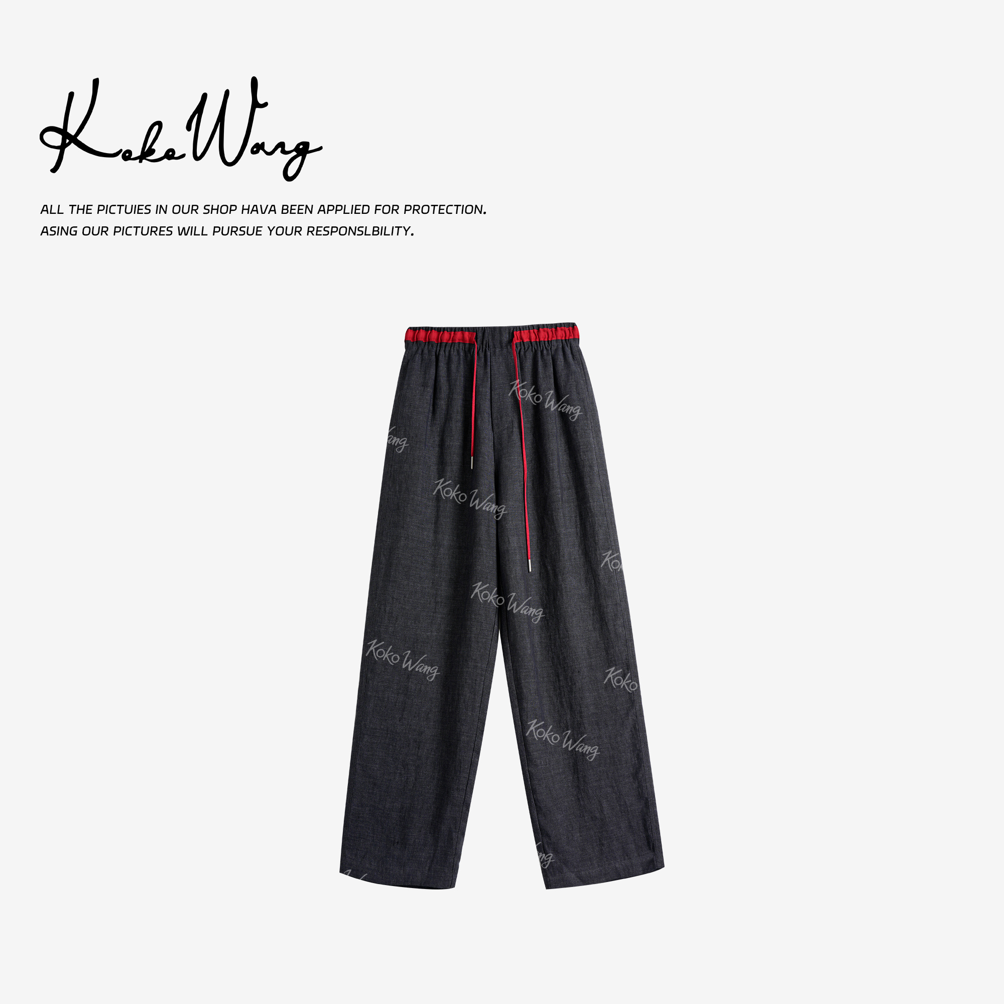 KOKOWANG夏季时尚撞色抽绳100%亚麻显瘦百搭休闲裤X2445F25K43