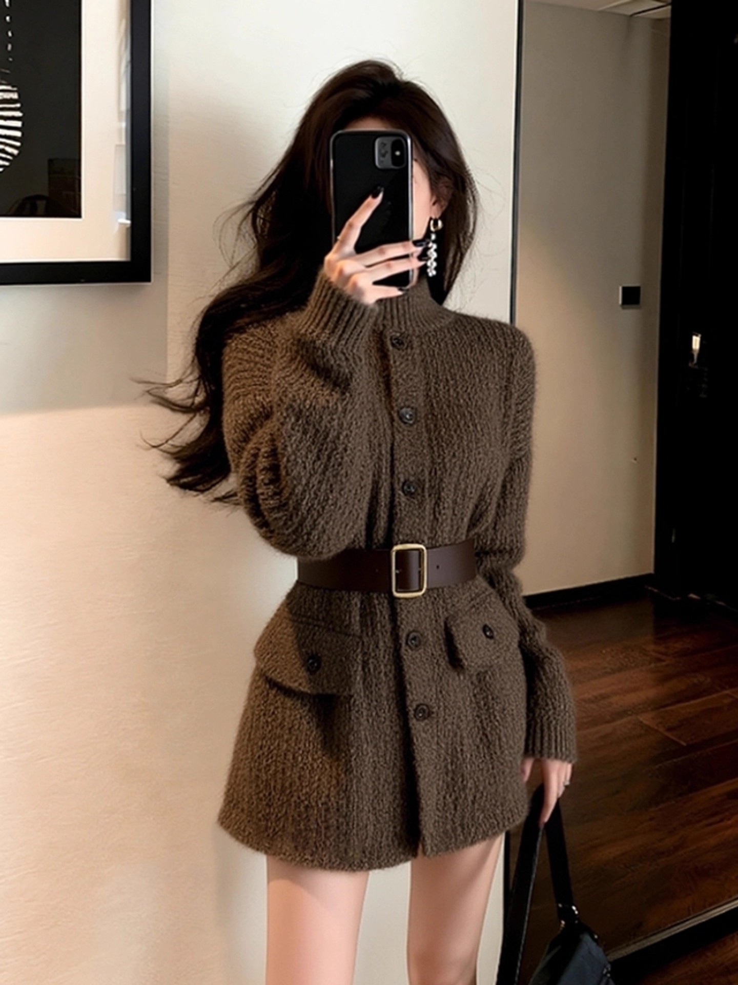 出席重要场合的裙子小个子气质收腰小香风立领咖色针织连衣裙女冬