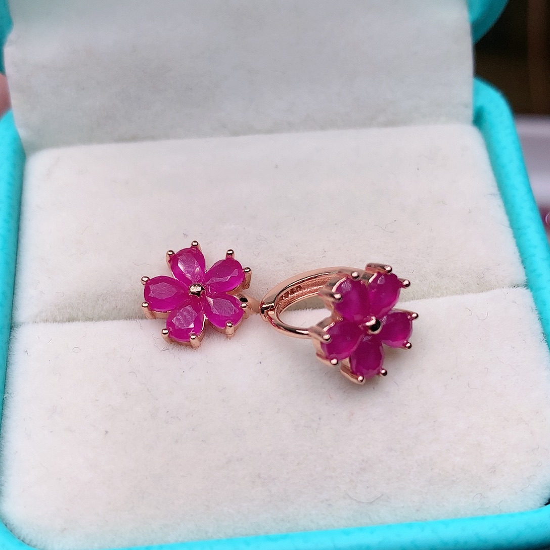 红宝石耳饰银S925镶嵌