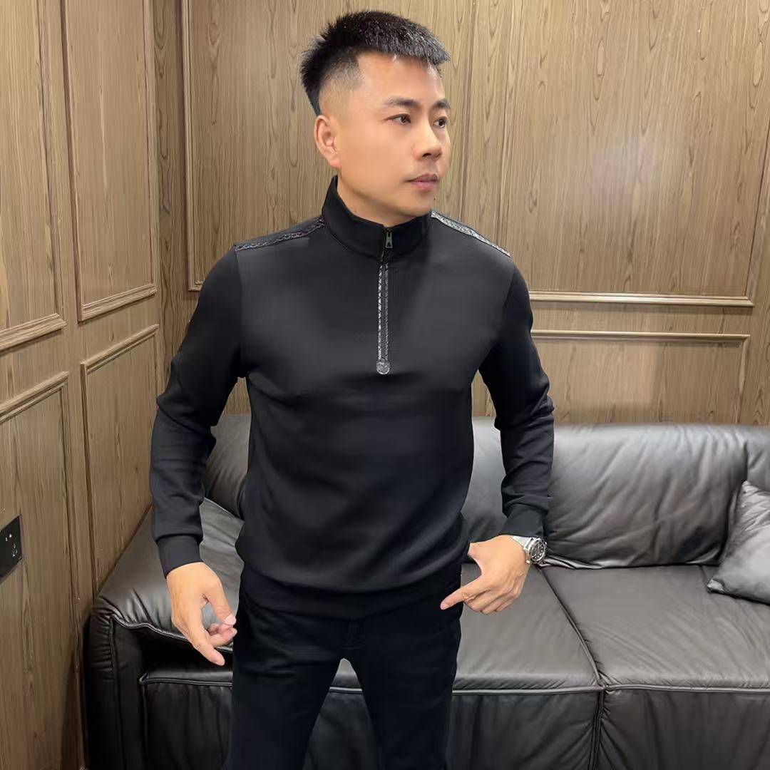 25秋冬99601男士简约立领半拉链拼皮商务休闲长袖T恤