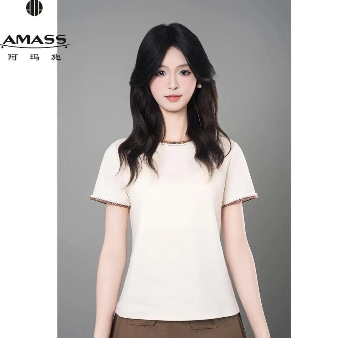 AMASS阿玛施夏季纯色时尚修身显瘦圆领立体花边短袖t恤上衣530054