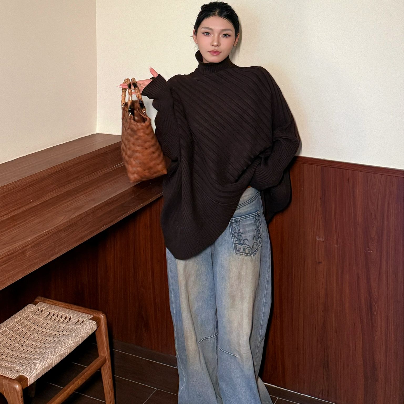 【七七专属】针织蝙蝠袖厚款休闲风保暖显白高领长袖毛针织衫95177