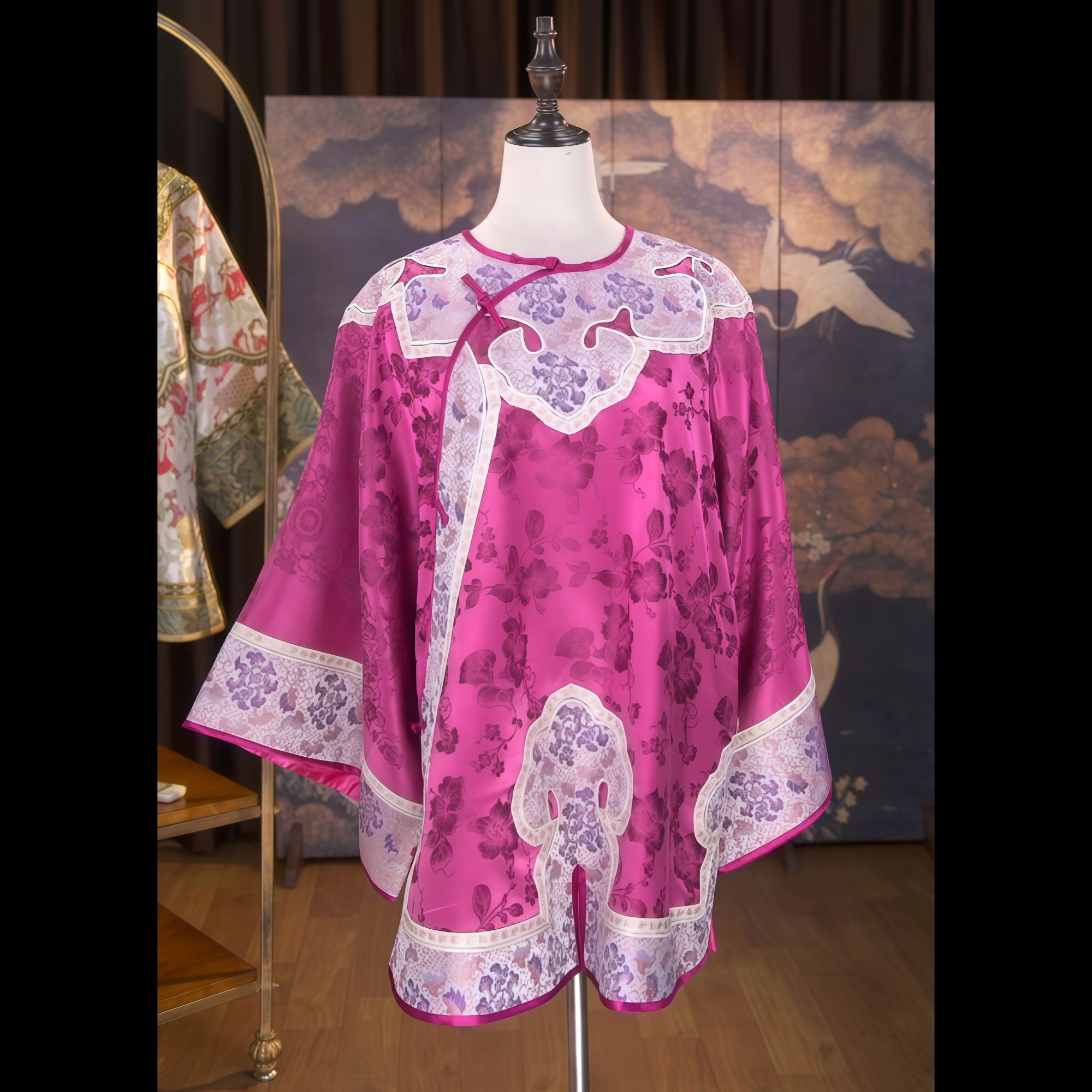 LR00023老软缎玫粉色提花宋锦边如意头国风女士太太服