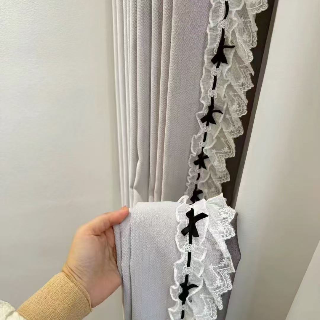 奥薇新款赫本风蕾丝花边精致法式黑色纯手工蝴蝶结窗帘装饰花边