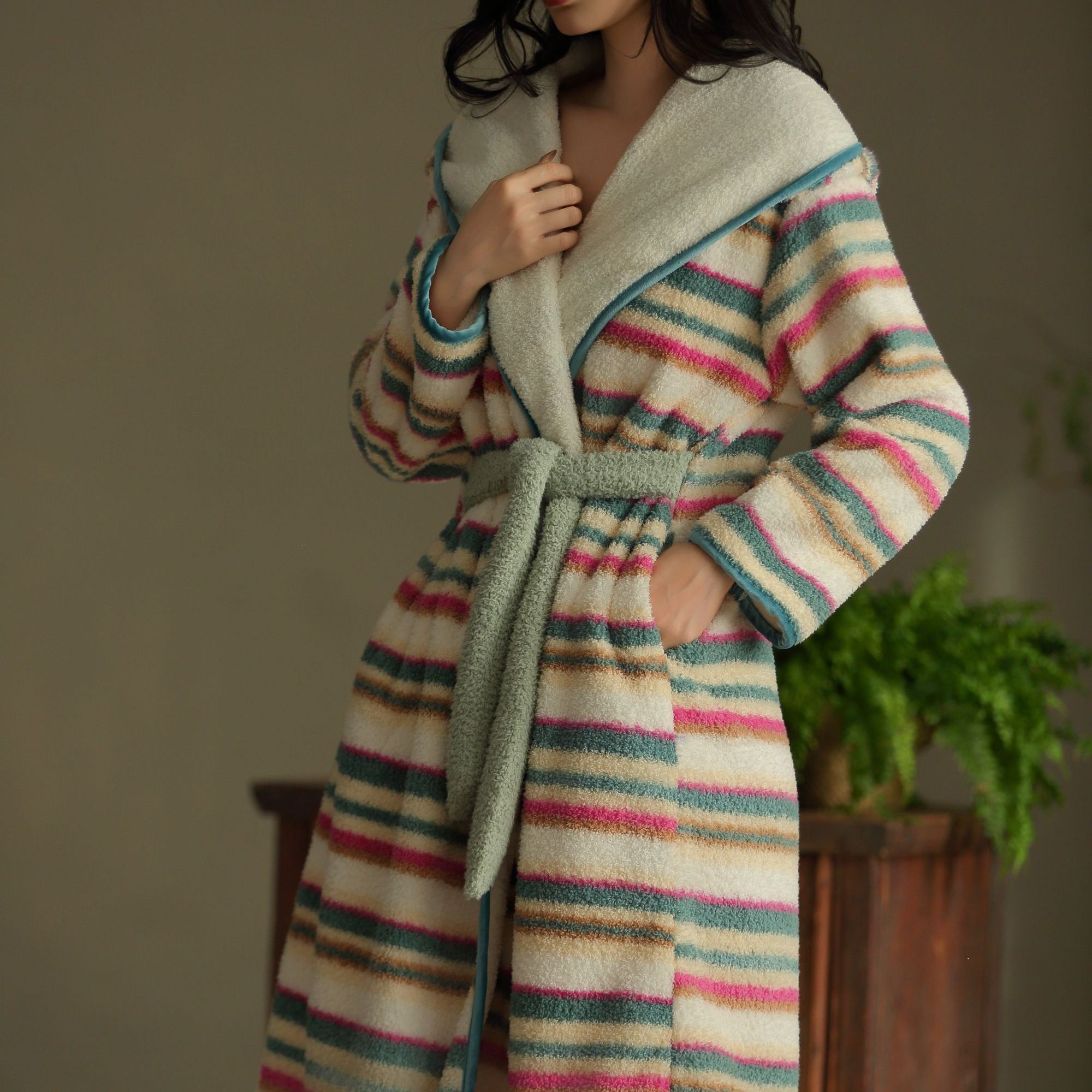 秋冬长袖女条纹长款厚款睡袍保暖冬季睡衣晨袍浴袍外套加厚女装