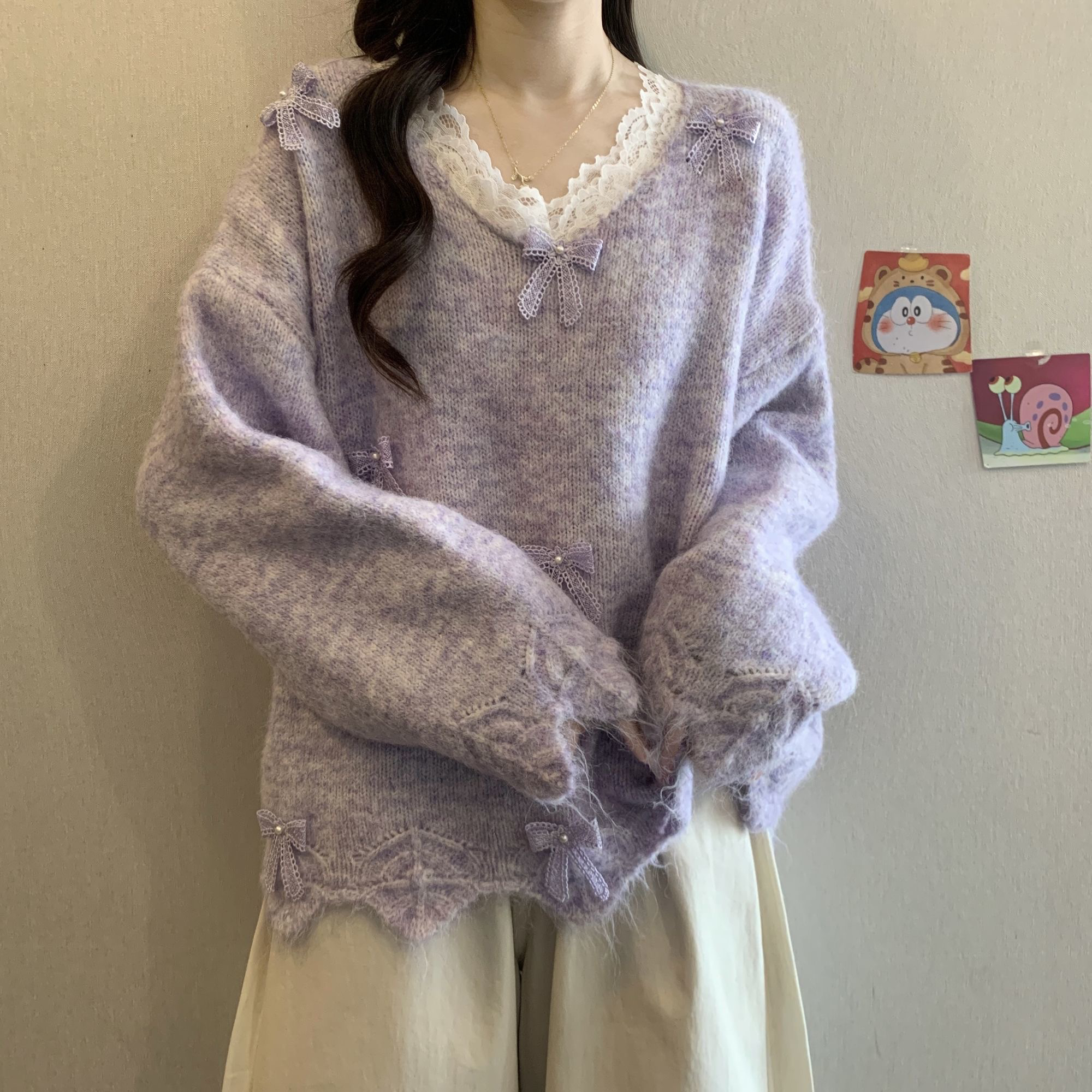 大码胖MM秋冬毛针织衫ins秋冬紫色蝴蝶蕾丝毛衣女宽松加厚百搭