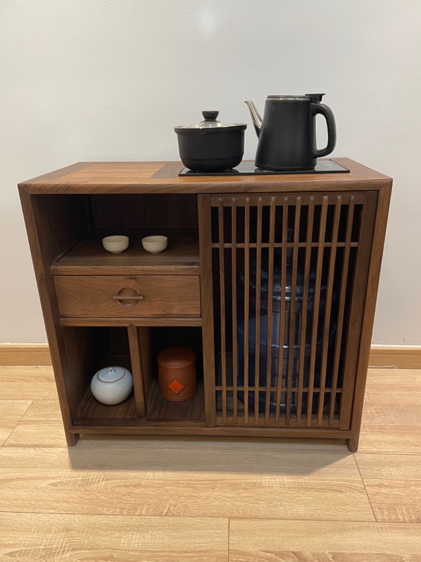 北美黑胡桃木茶水柜新中式茶边柜板茶室一体壶烧水边柜全实木茶车