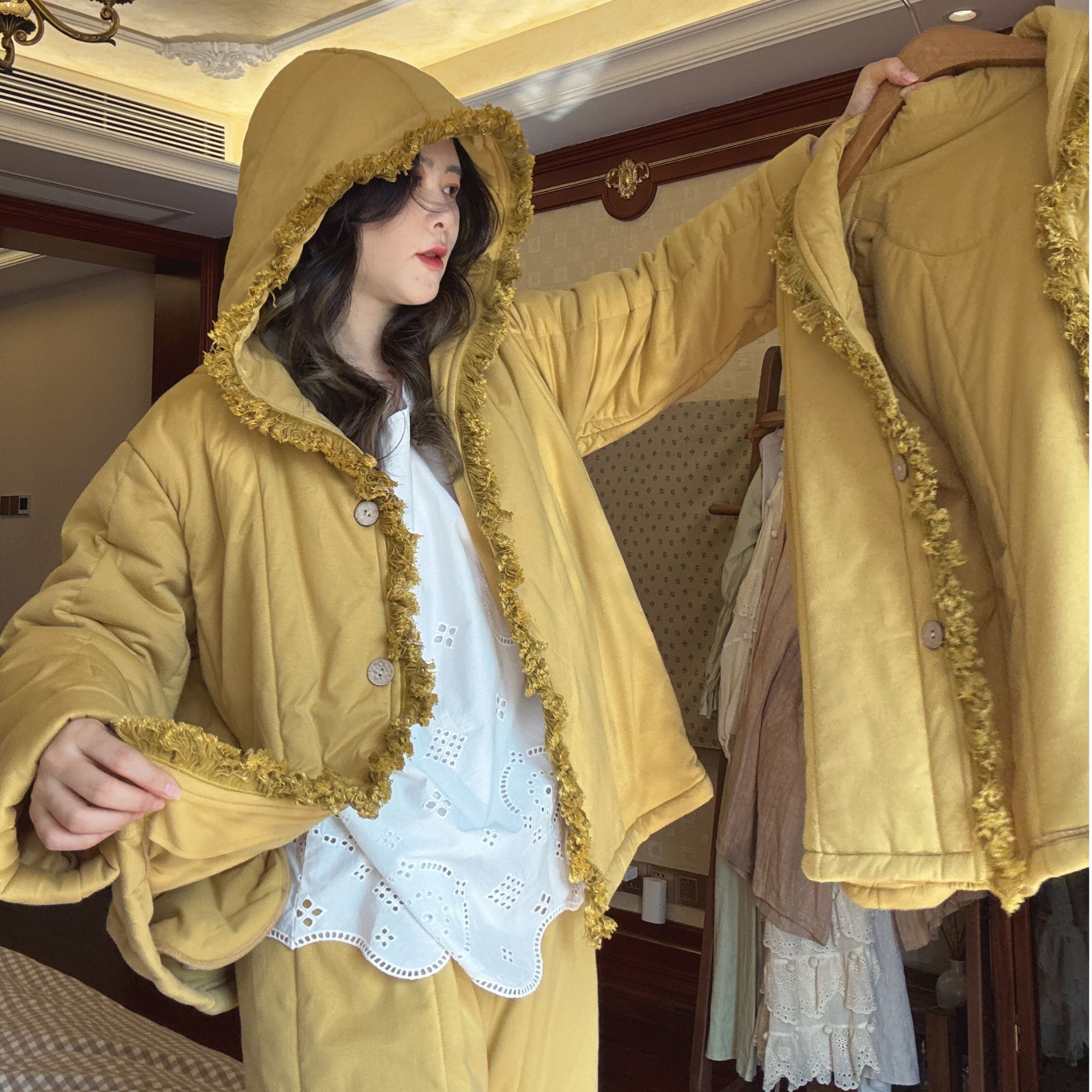 睡衣秋冬季女夹棉2025年新款里外纯棉加绒加厚棉服黄色家居服套装