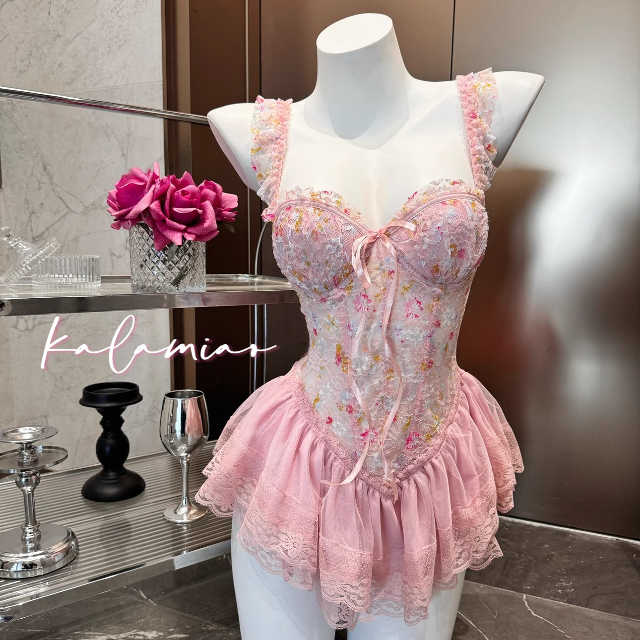 咔啦喵~「甜芭比」80-200斤碎花印染甜美鱼骨胸衣带胸垫聚拢睡衣