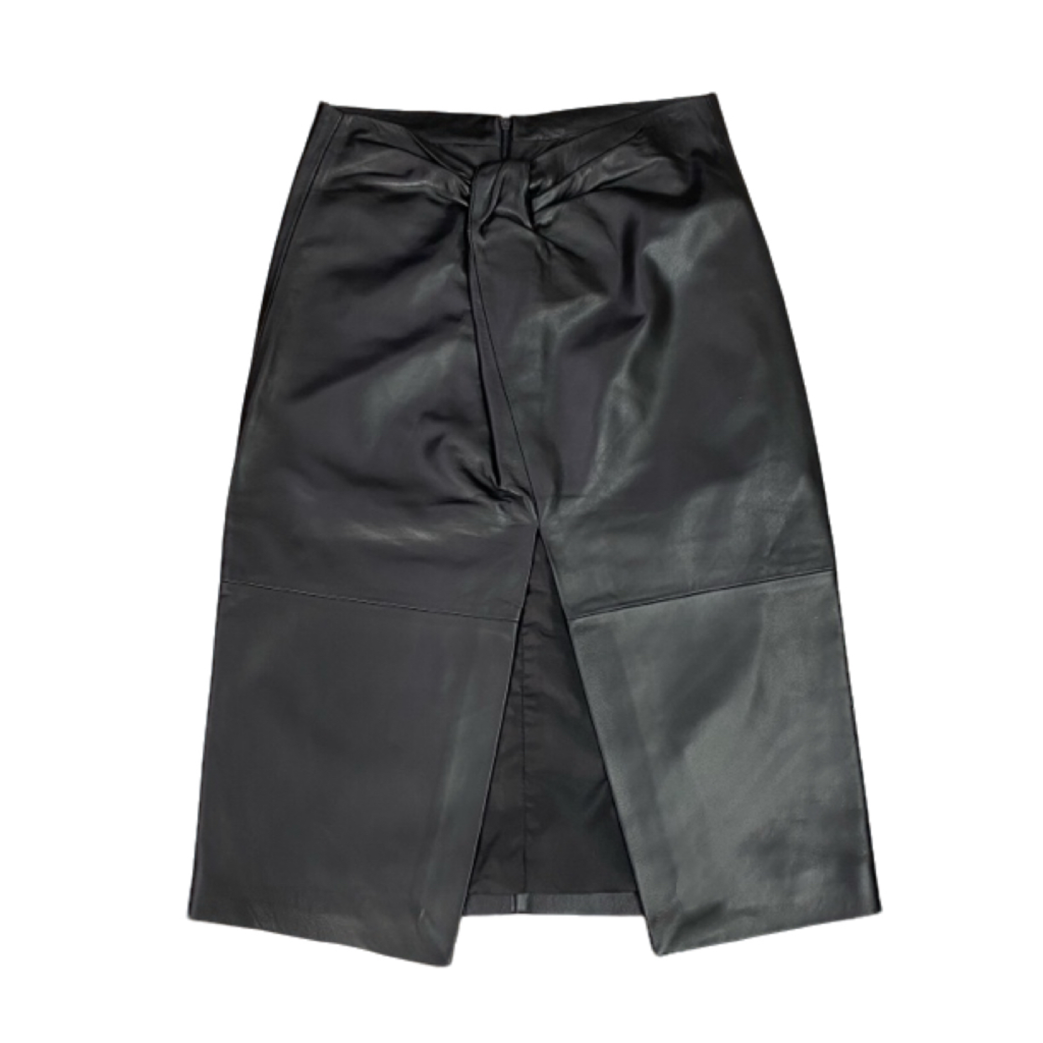 复古前开叉黑色绵羊皮扭纹半身铅笔裙28016