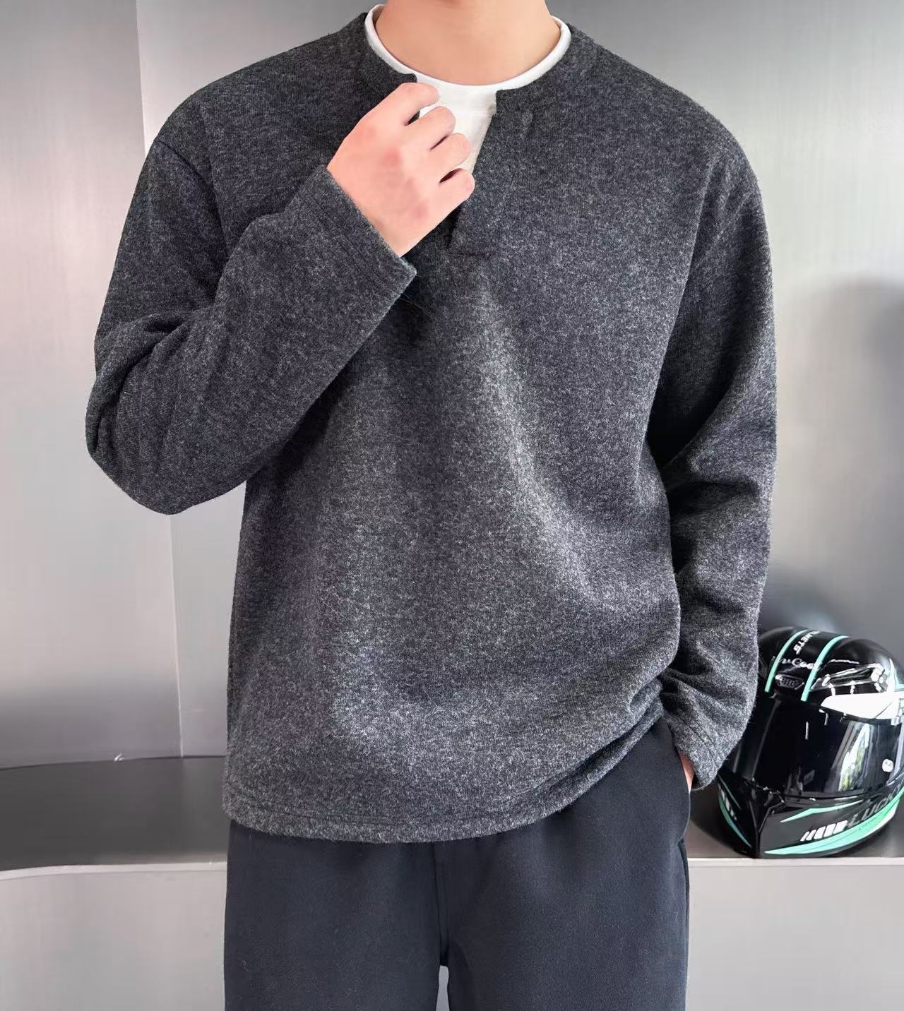 美式复古亨利领毛衣男冬季慵懒高级宽松长袖男士内搭打底针织衫 