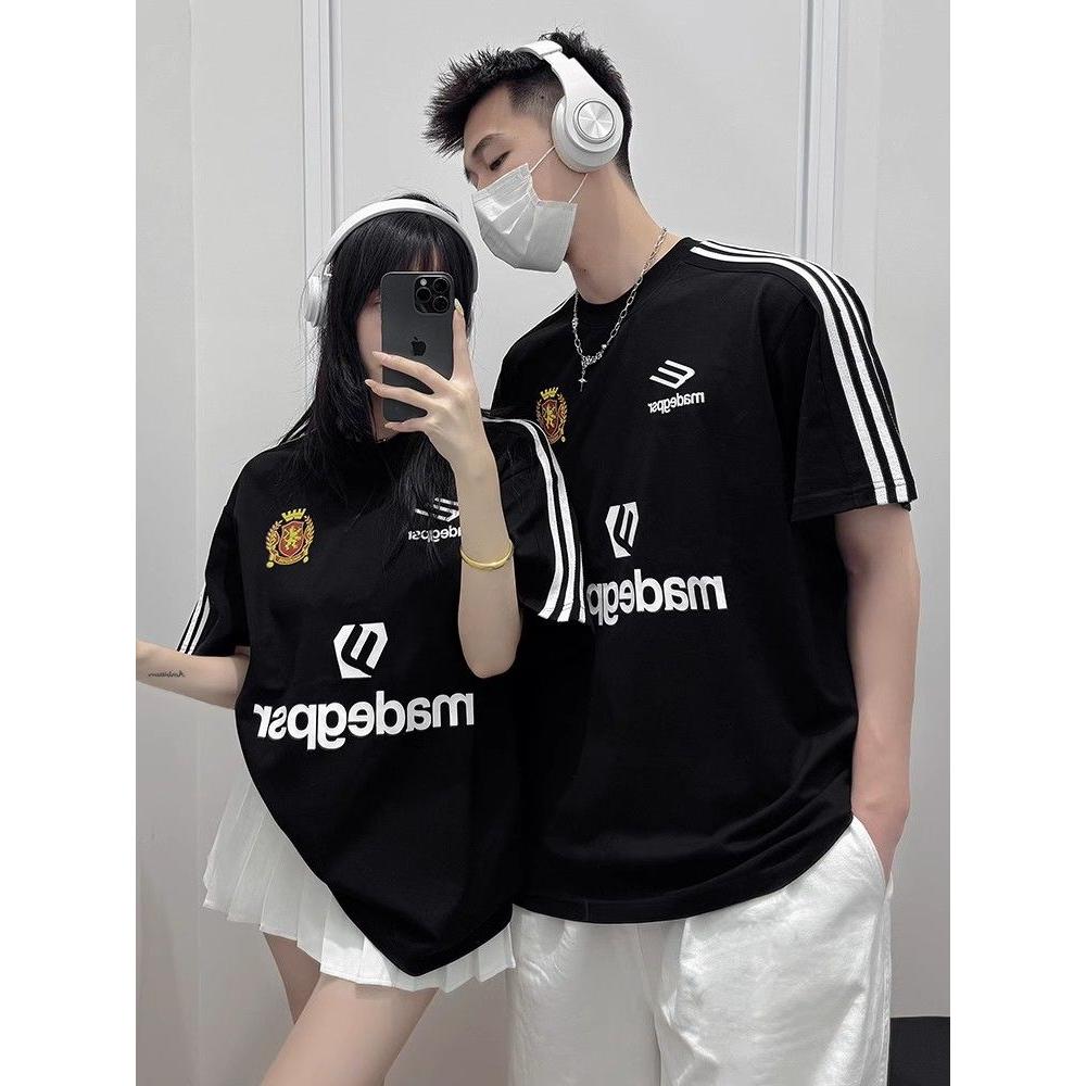 夏季新款三条杠潮牌宽松短袖上衣高级感小众休闲情侣装女性