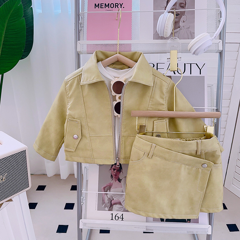 女童时髦皮夹克春秋季新款时尚洋气休闲夹克外套裙子套装BCA206
